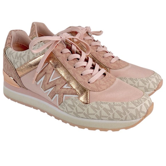 Michael Kors Maddy Two-tone Logo Trainer Size 8.5 Pink Rose Gold Metallic - Picture 1 of 14